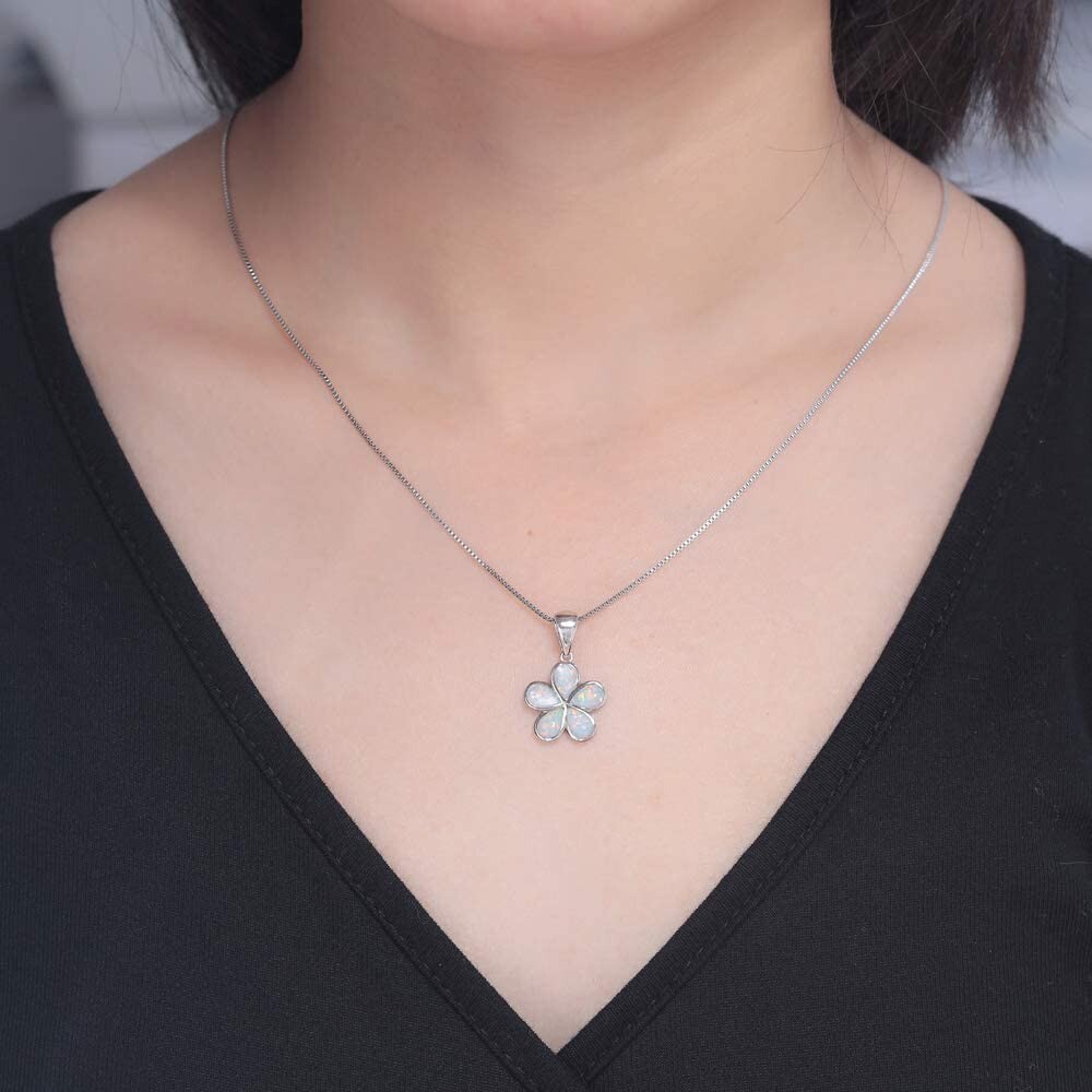 Hawaiian 15mm White Fire Opal Plumeria Necklace Silver Filled For Women Girls