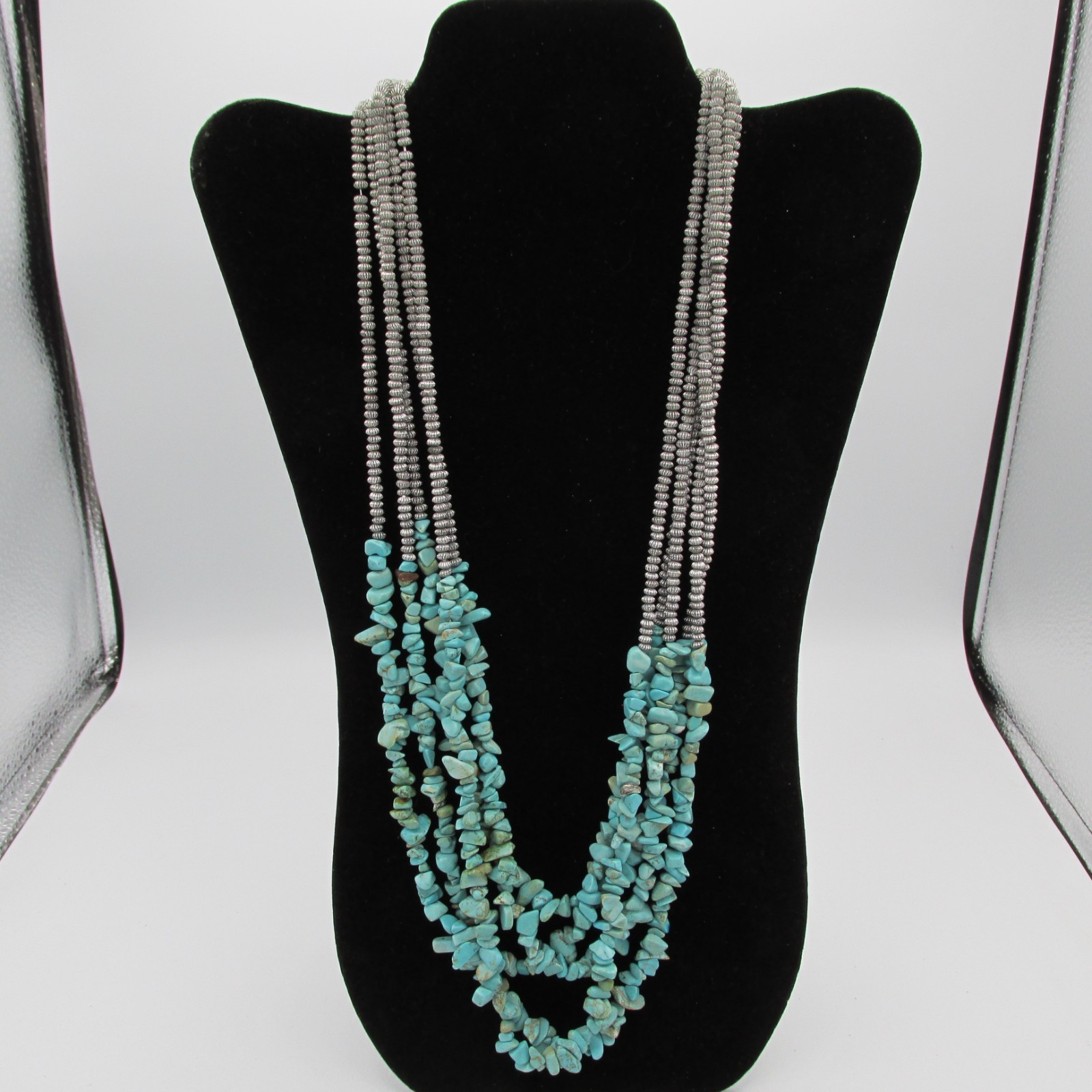 Erica Lyons Multi Strand Silver Bead & Southwestern Style Chip Necklace 25 in