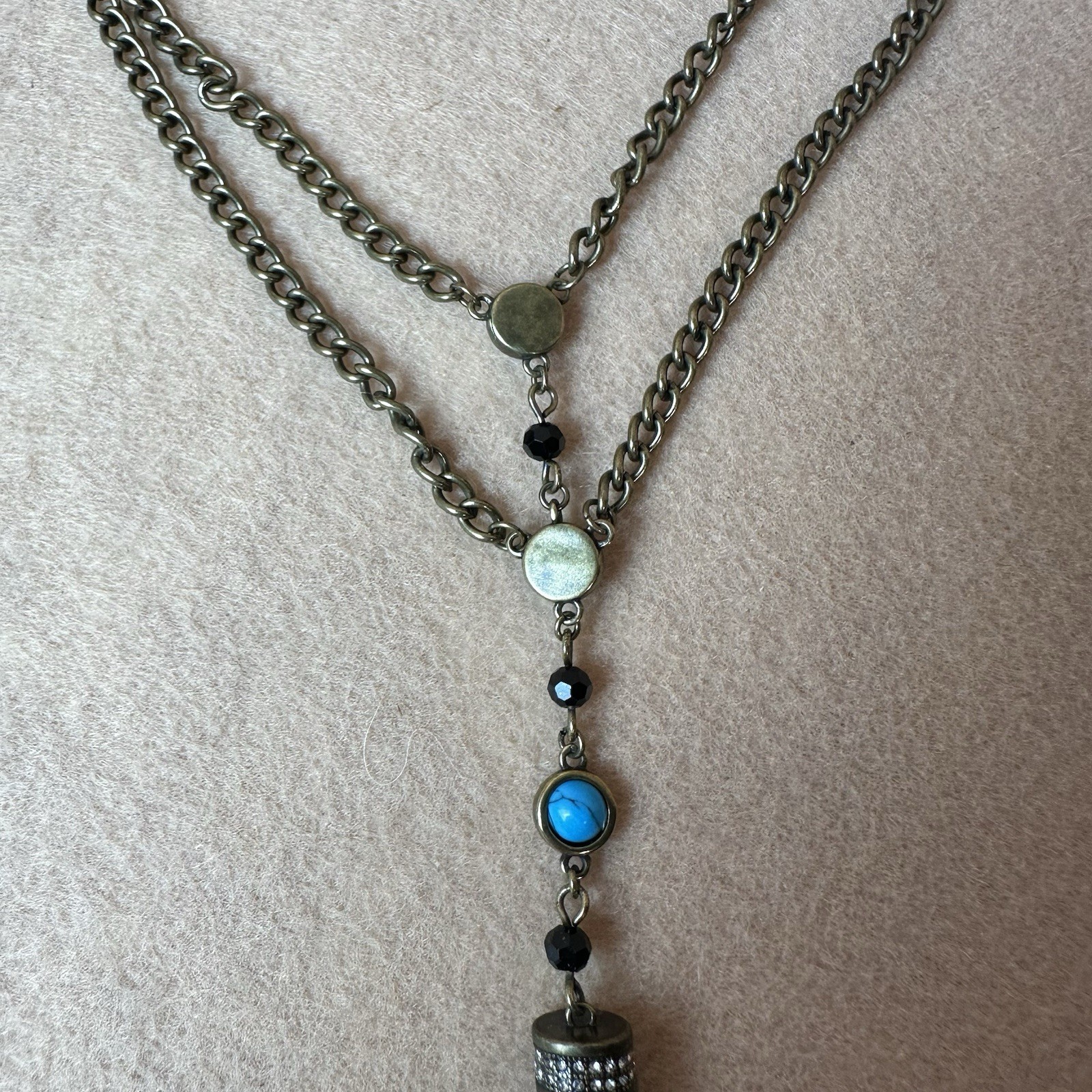 Cosmo New w Tags Black Italian Horn Pendant with Blue stones 18″