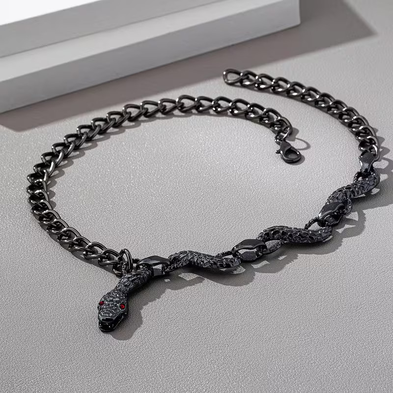 Snake Wrapped Chain Necklace Choker Metallic Black Gothic Serpent Jewelry 17.7in
