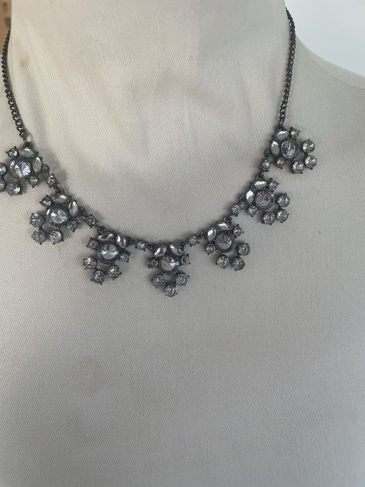 Rhinestone Flower Necklace Black Oxidized Metal Designer Style 18- 21 in EUC