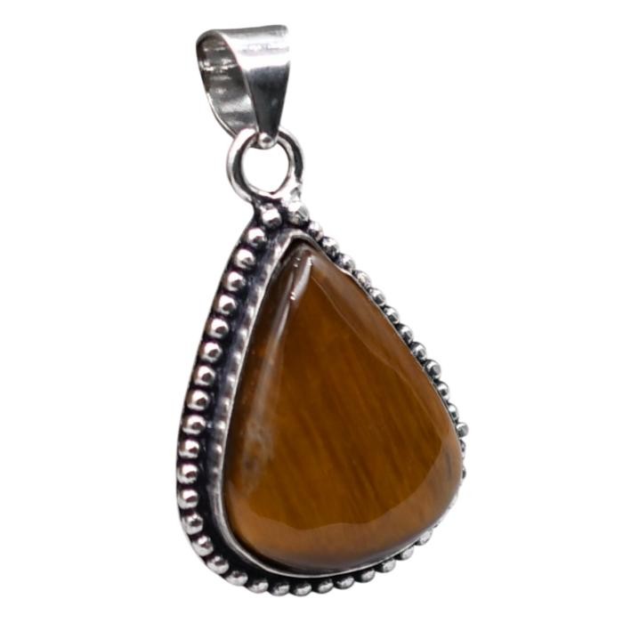 Tiger Eye Natural Gemstone Antique Silver Plated Pendant 1.75″ J 1072