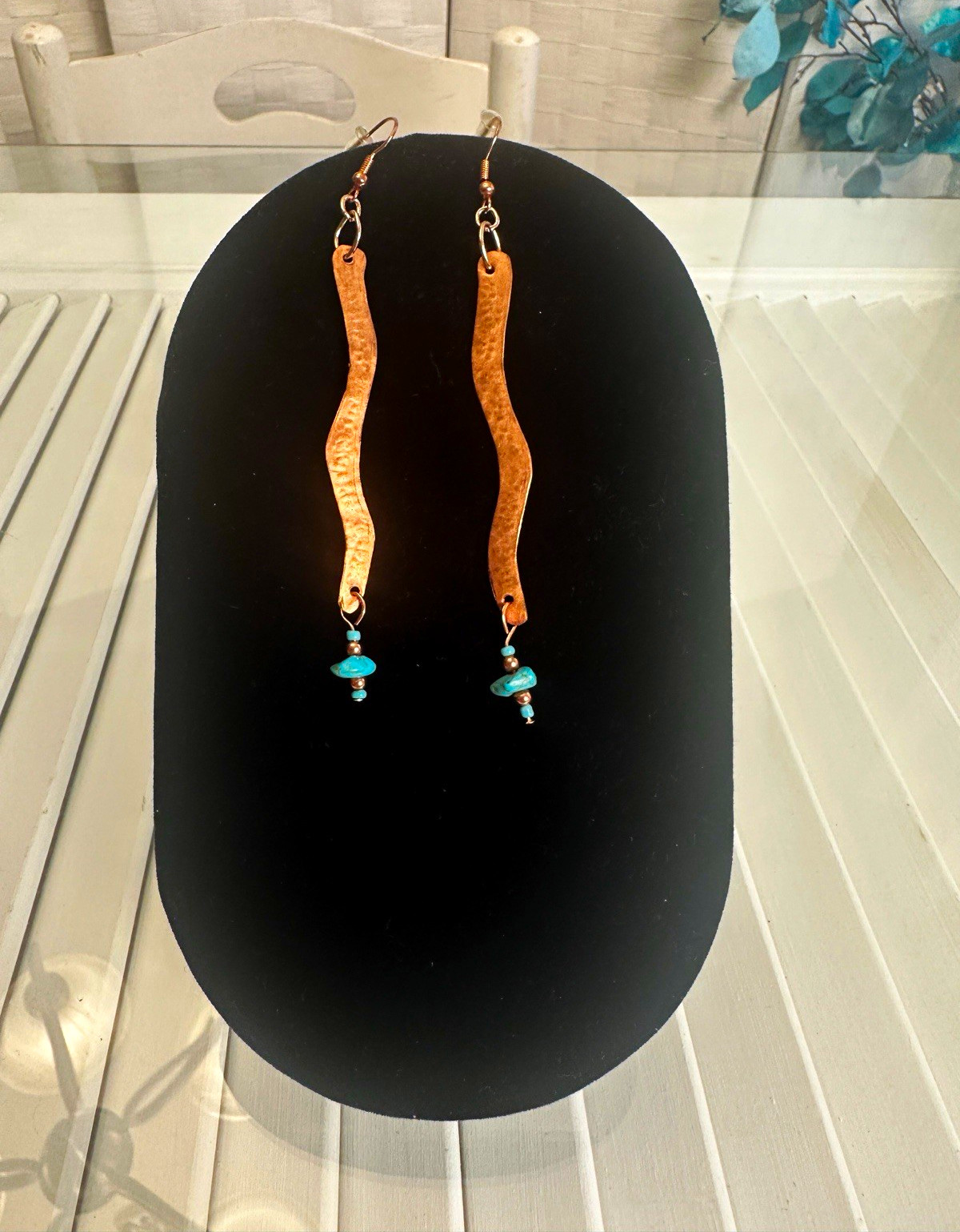 Handcrafted Copper Wavy Bar Dangle Earrings w/ Blue Turquoise Bead Drops