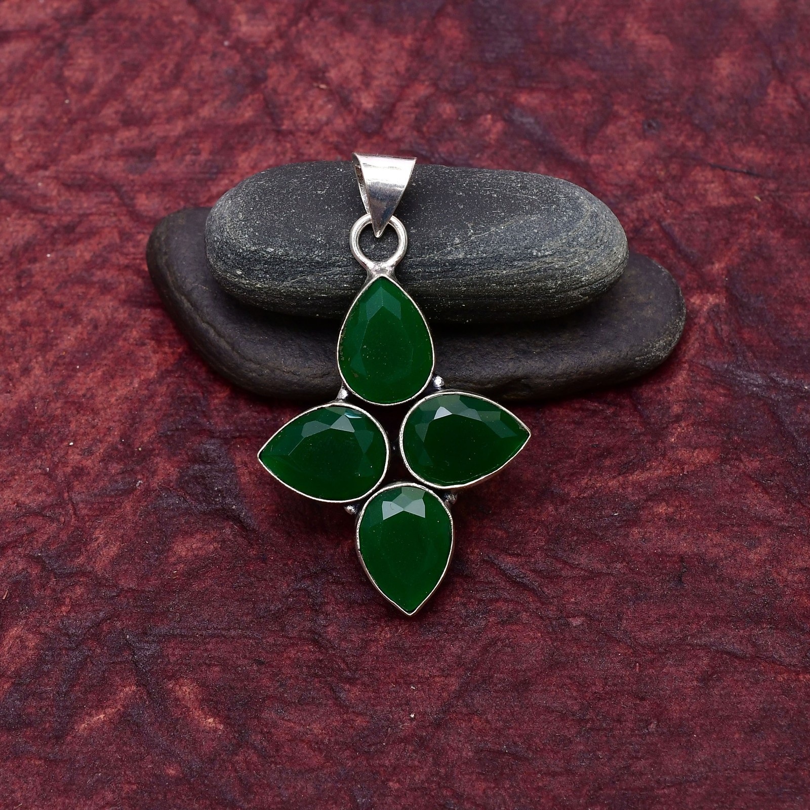 Green Onyx Gemstone 925 sterling silver Handmade jewelry Pendant 2.28″
