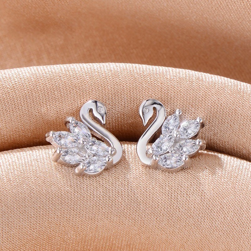 Shining Swan Studs Earrings Pave Colorless CZ Gift for Her Samll Ear Studs