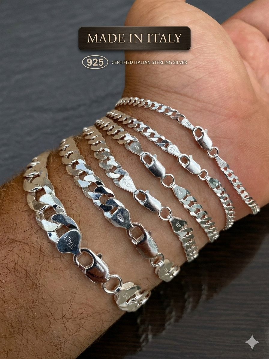 Real Solid 925 Sterling Silver Flat Curb Cuban Link Bracelet 3-10mm ITALY MADE