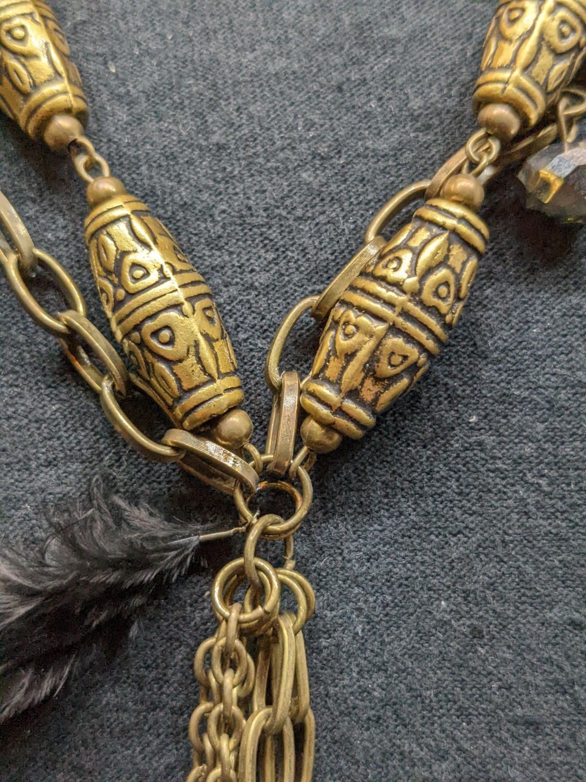 Boho Tribal Feather Barrel Necklace Brass Tone Tassel Statement Festival
