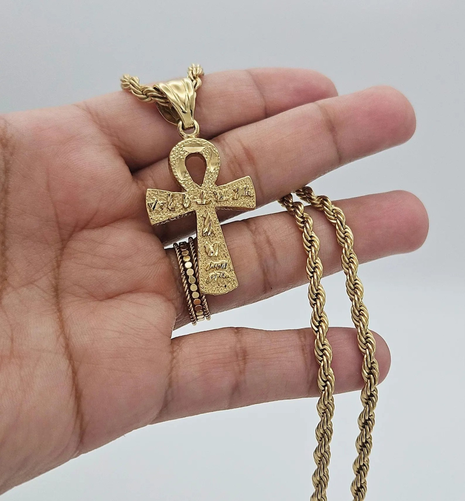 Gold Ankh Necklace for Men, Large Textured Ankh Cross Pendant, 4mm French Rope