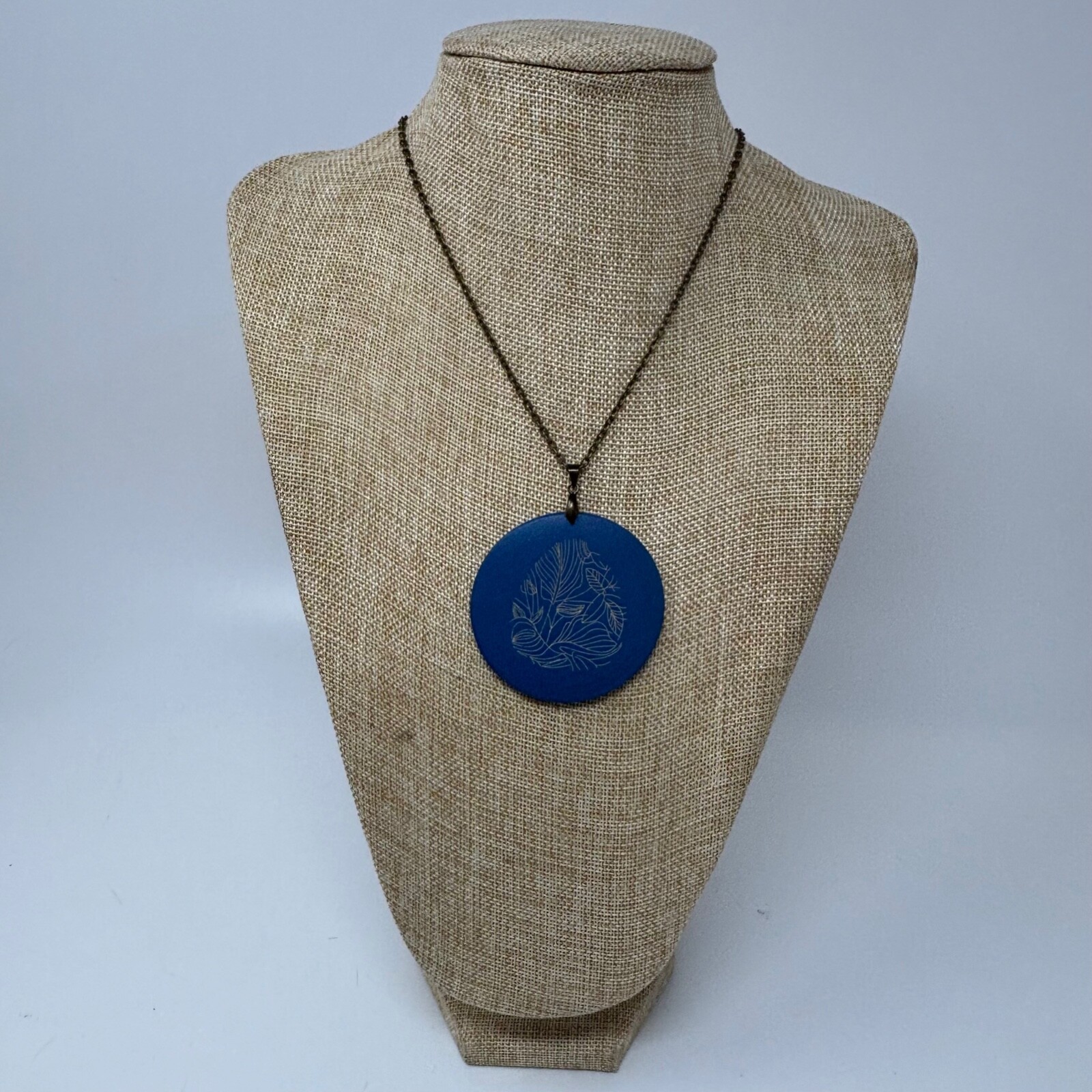 Bronze Tone Chain Necklace with Large Navy Blue Round Wooden Pendant Engraved