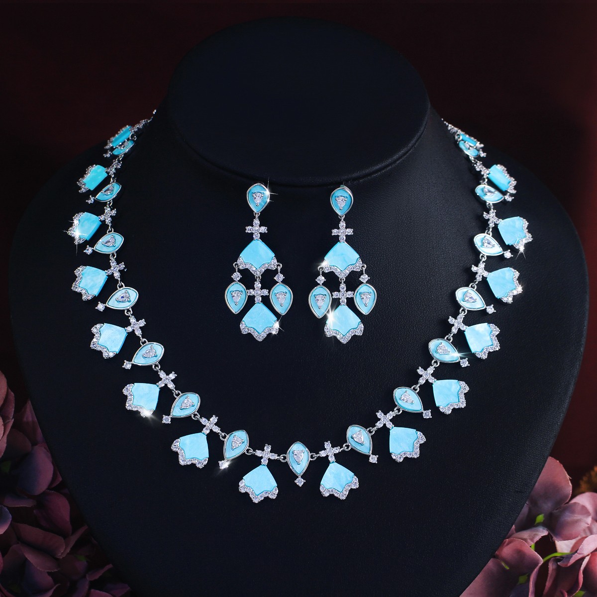 Light Blue Long Chandelier Earrings Necklace Women Zirconia Wedding Jewelry Set
