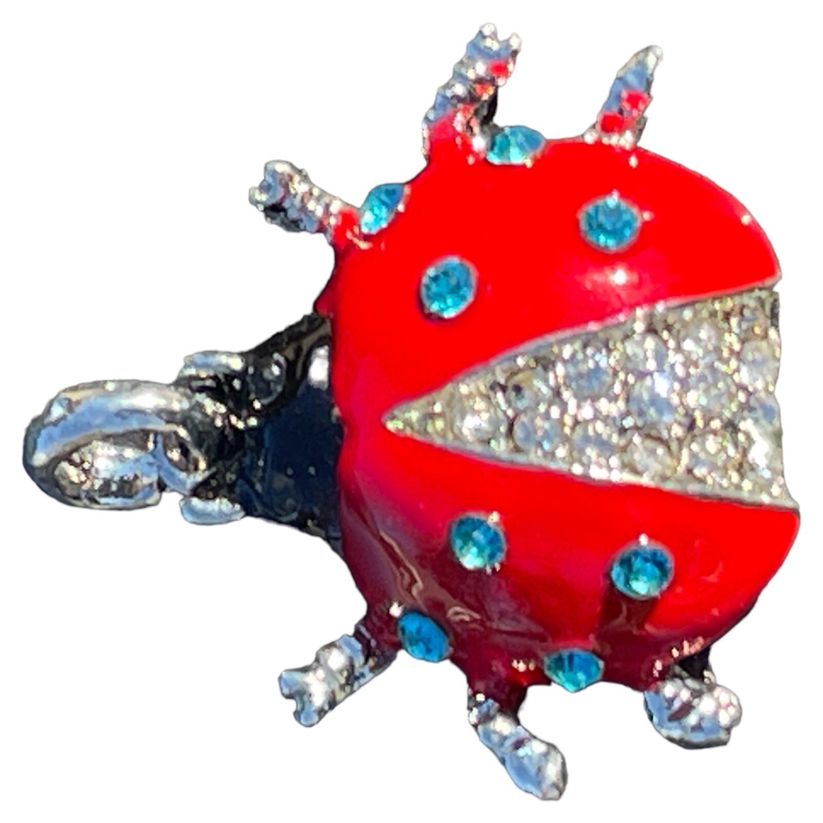 Lady Bug Pendant Red Black Laquer & Faceted Crystal Silver 1 1/2”x 1 3/8” w/Bail