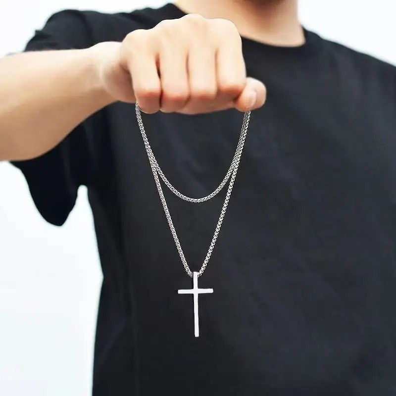 Cross Necklace for Men,Silver Stainless Steel Plain Cross Pendant Necklace
