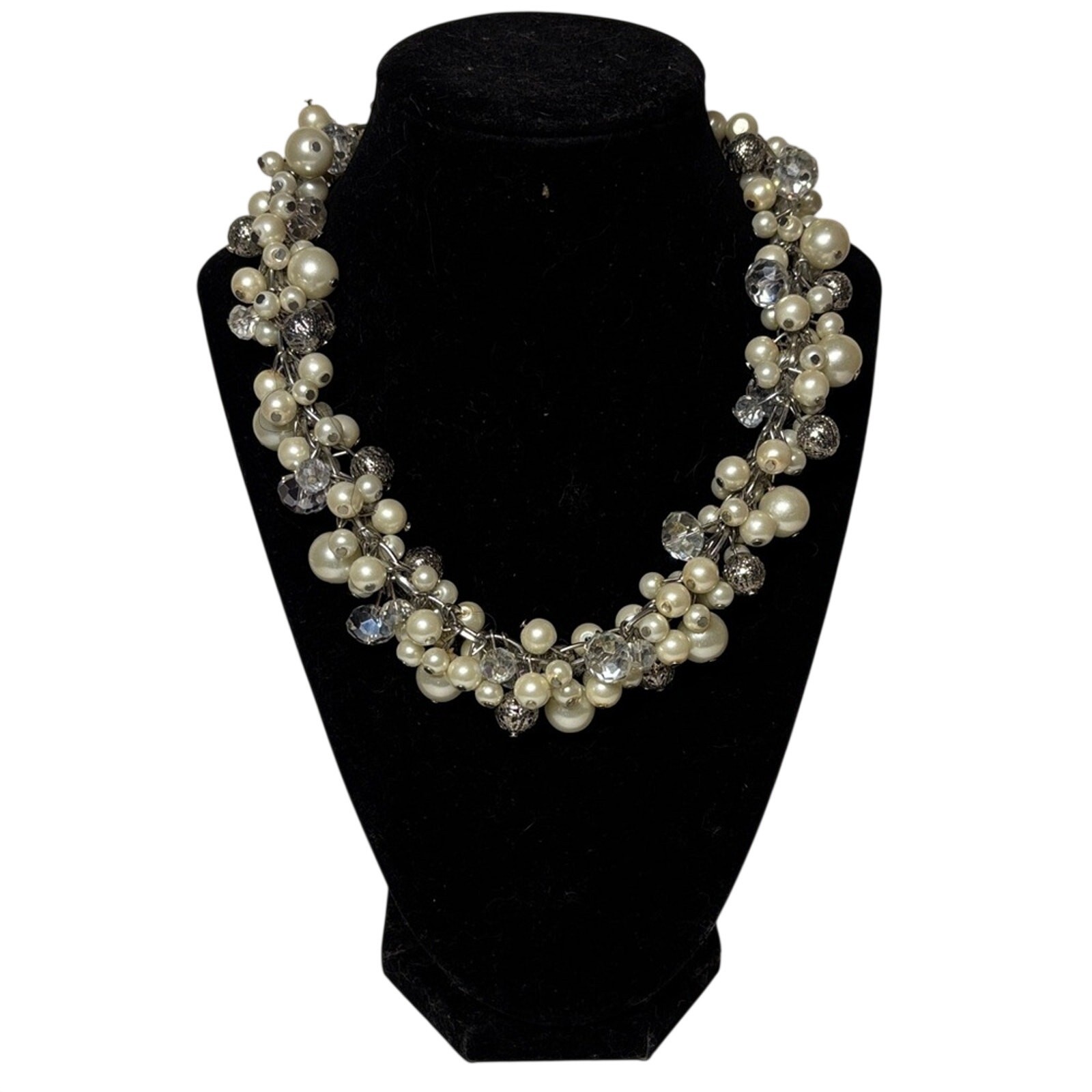 Faux Pearl Cluster Necklace 18” + Extender Silver Tone Statement Bridal Wedding