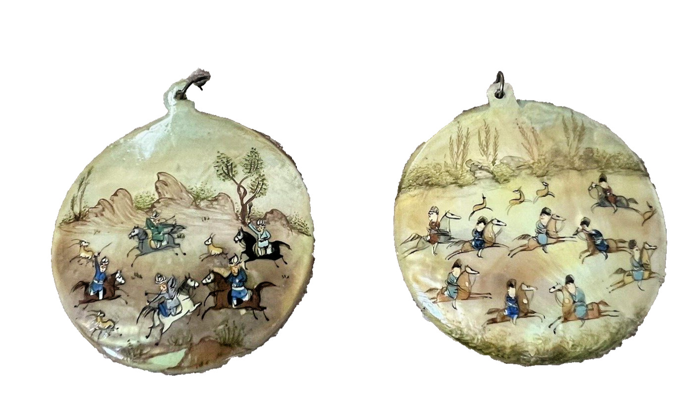 2 Pendant/Earrings Nacre Painted – Asian Centre – 2 3/8in – Fine 19th/Early 20th