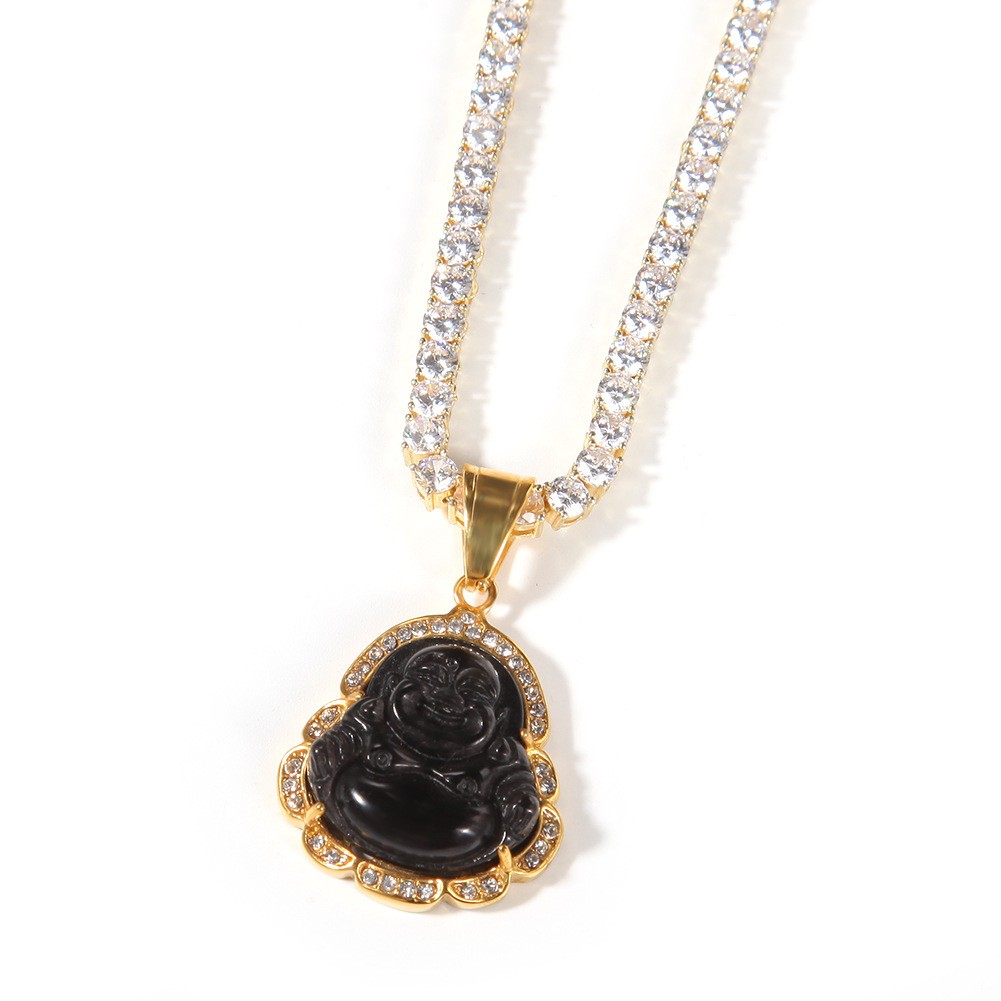 Hip Hop Stainless Steel Maitreya Buddha Pendant Necklace with Rhinestone Jewelry