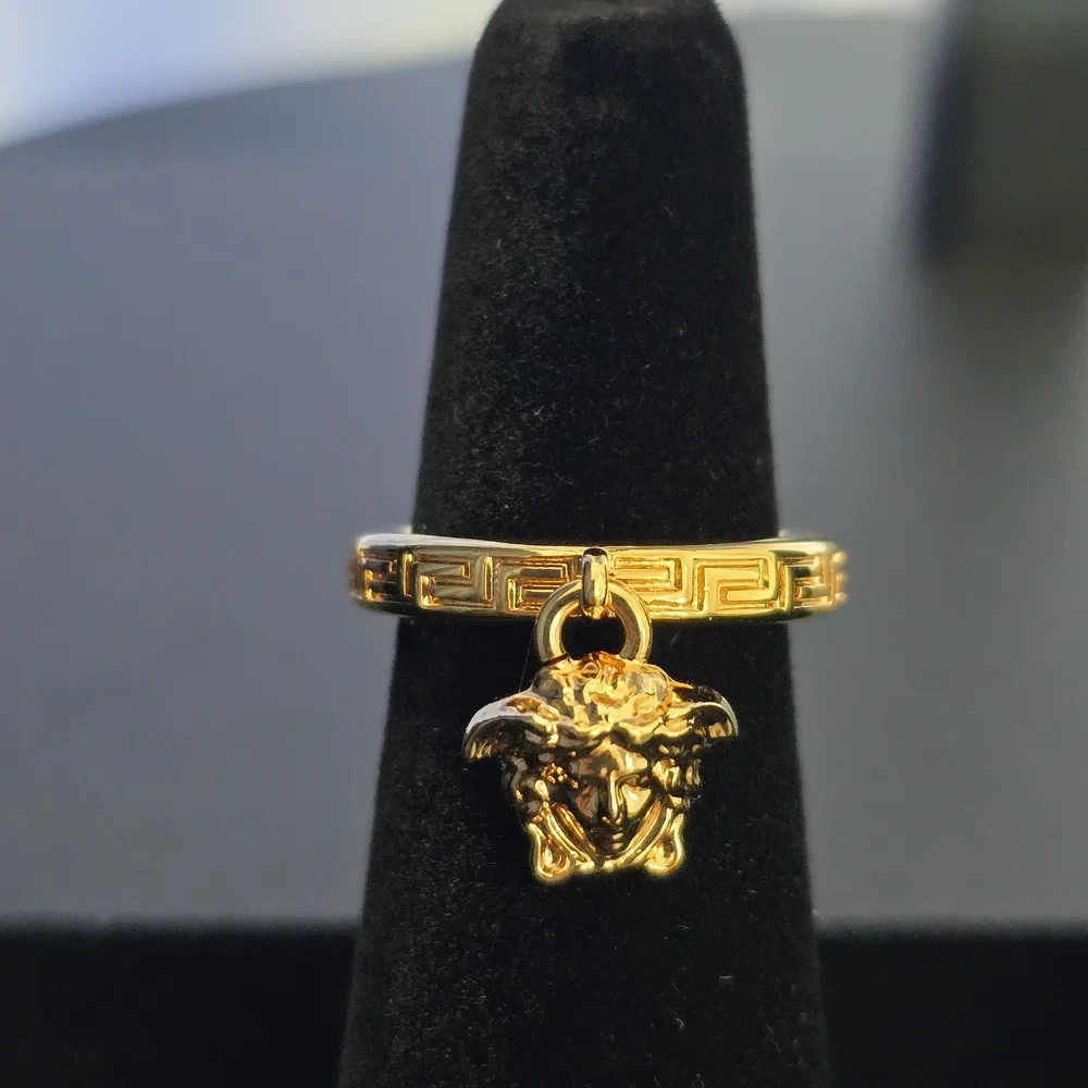 NWT Versace Greca Gold Tone Medusa Charm Ring Light Gold Authentic
