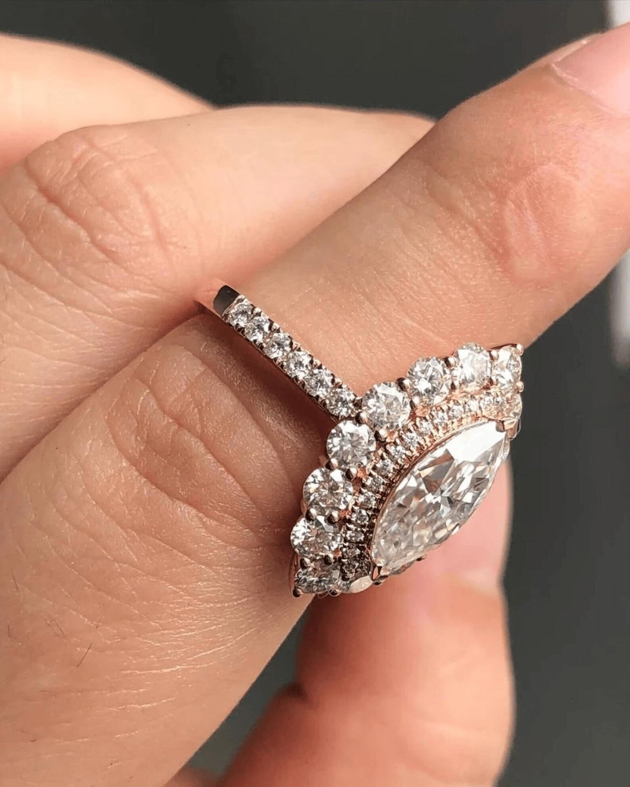 1.25CT Marquise Cut Moissanite Halo Engagement Ring, Half Eternity Wedding Ring