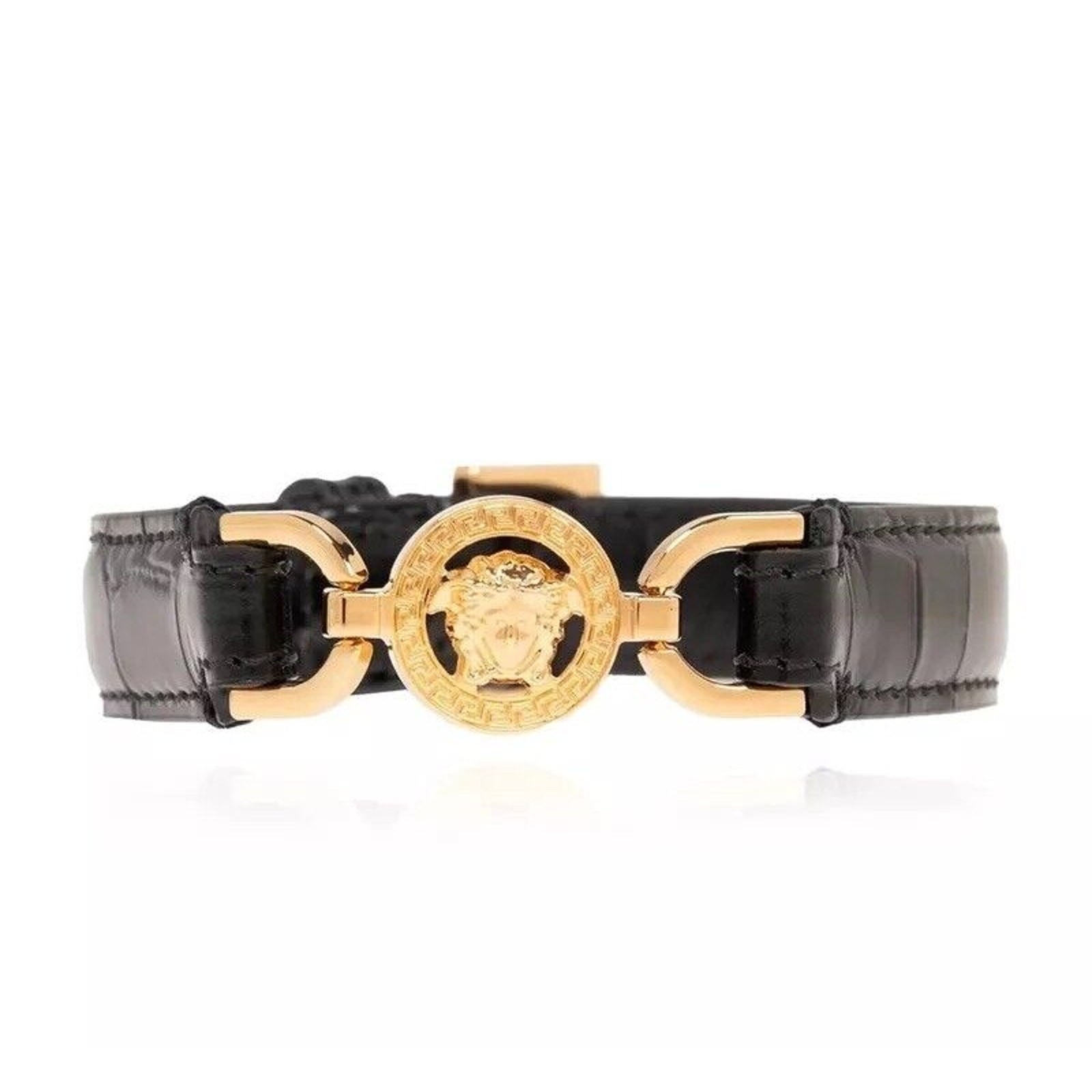 NIB Versace Medusa ’95 Embossed Croco Bracelet Black Gold Genuine Leather