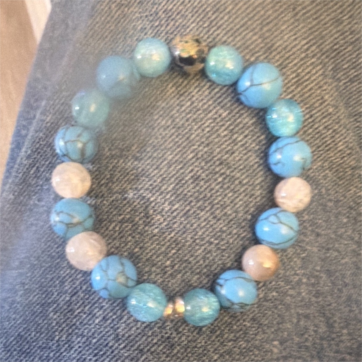 Blue Stone Round Beaded Stretch Bracelet Ball/Bead Chain Less Than 8 in