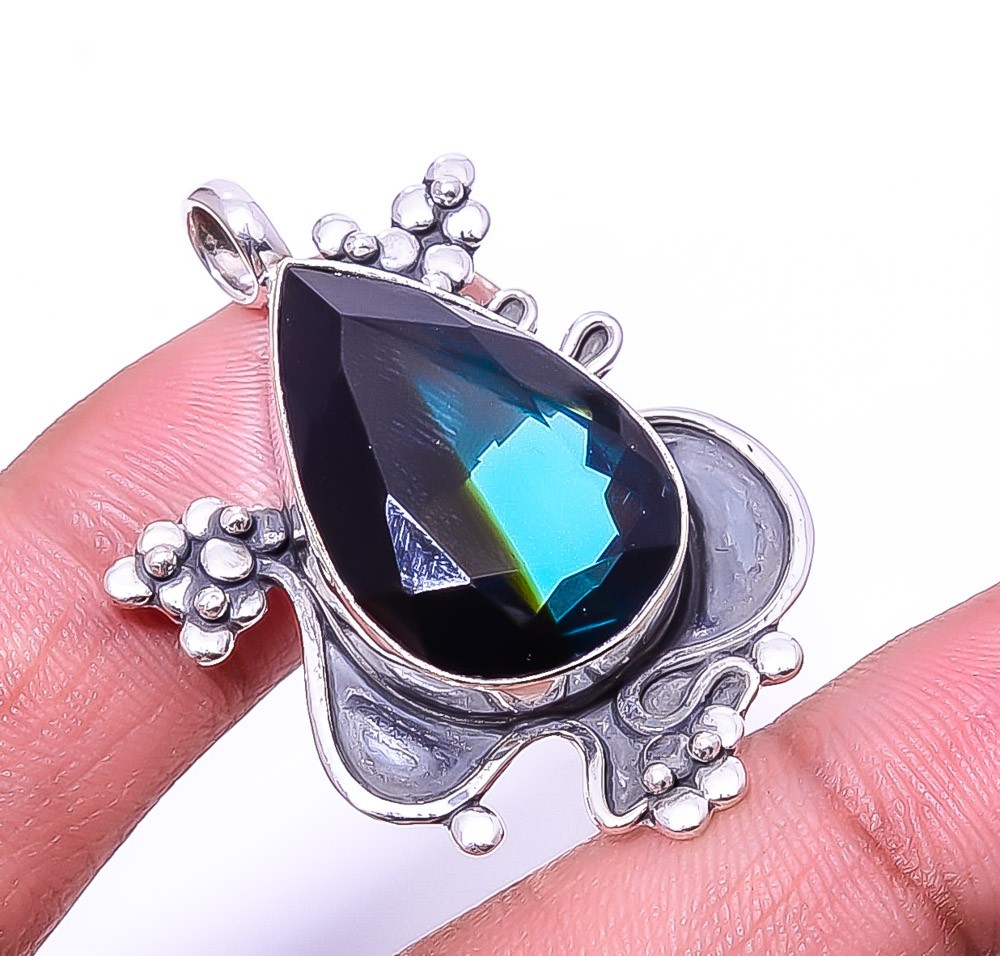 Bi-Colour Tourmaline Oxidised Designer 925 Sterling Silver Pendant 1.56″ P70