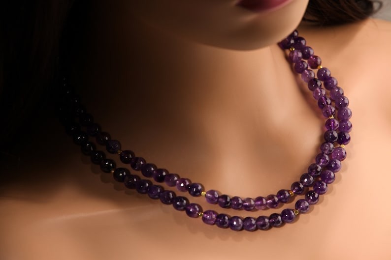 2 Layer Amethyst Smooth Round Gemstone Gold Filled Beads Handmade Necklace 24”