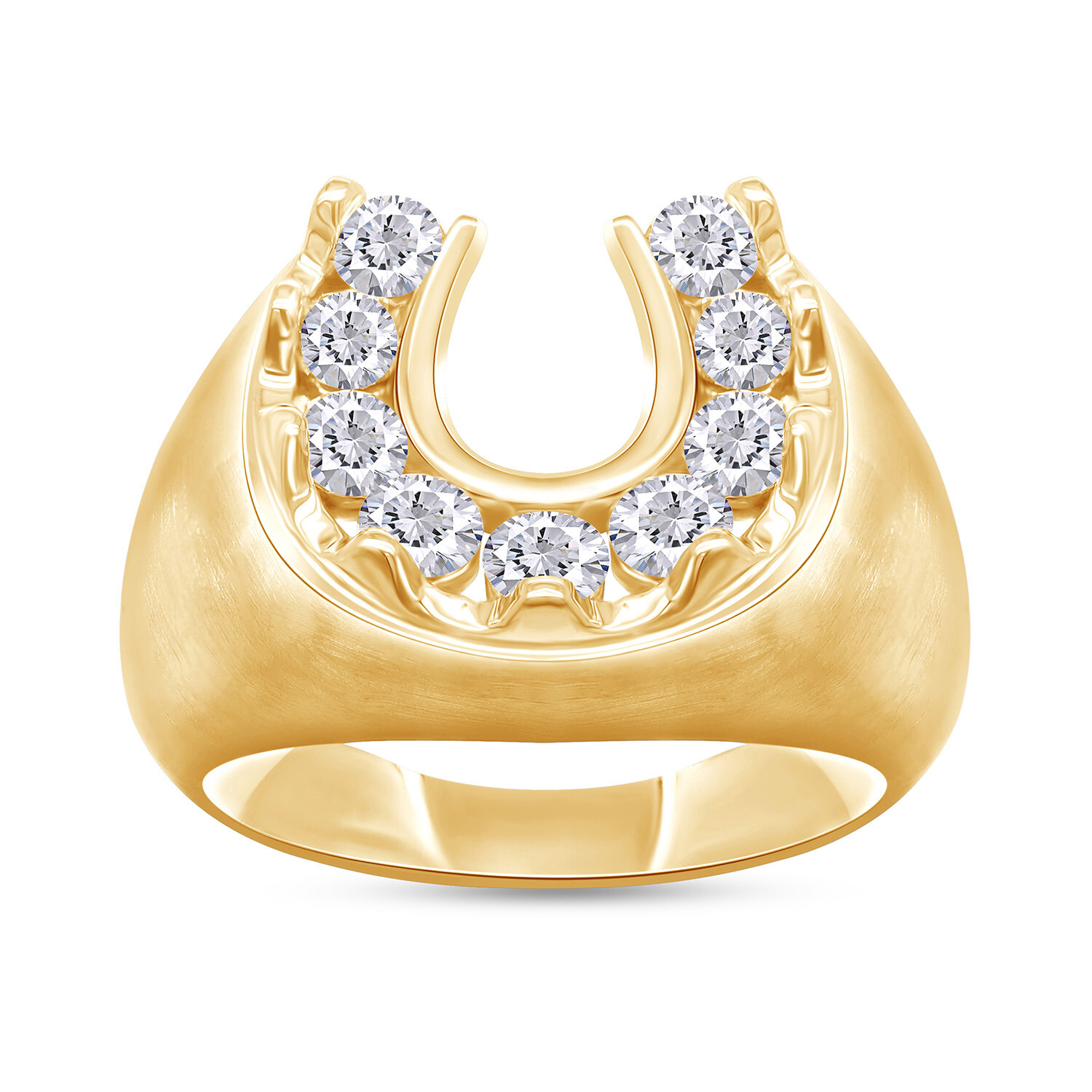 Mens Lucky Horseshoe Ring Round Cut Simulated Diamond 14K Yellow Gold Plated