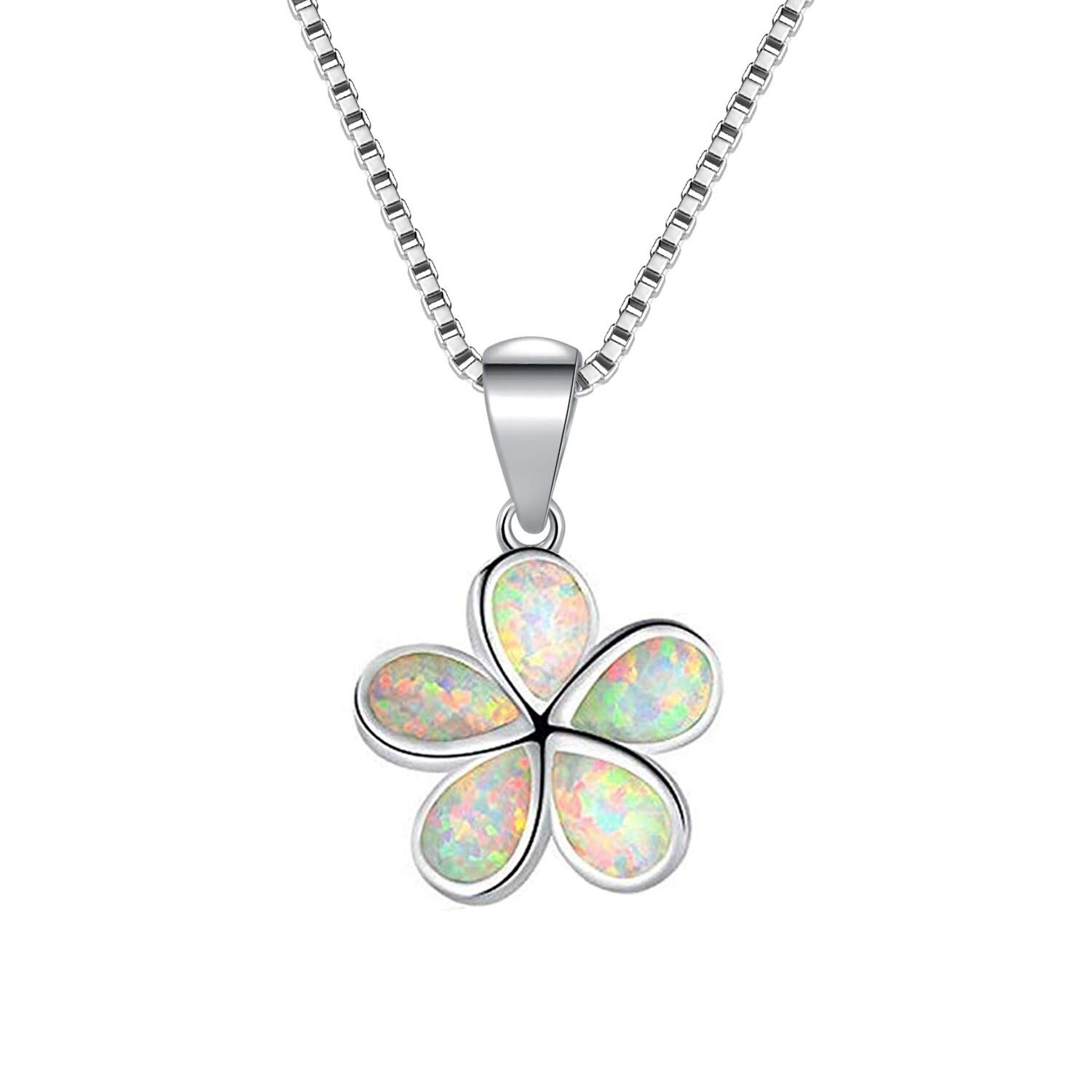 Hawaiian 15mm White Fire Opal Plumeria Necklace Silver Filled For Women Girls