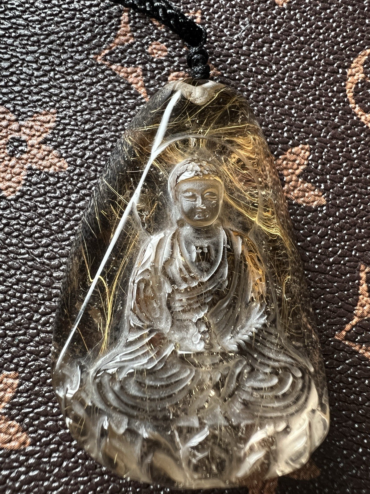 Natural Golden Rutilated Quartz Guanyin Pendant, collectible.