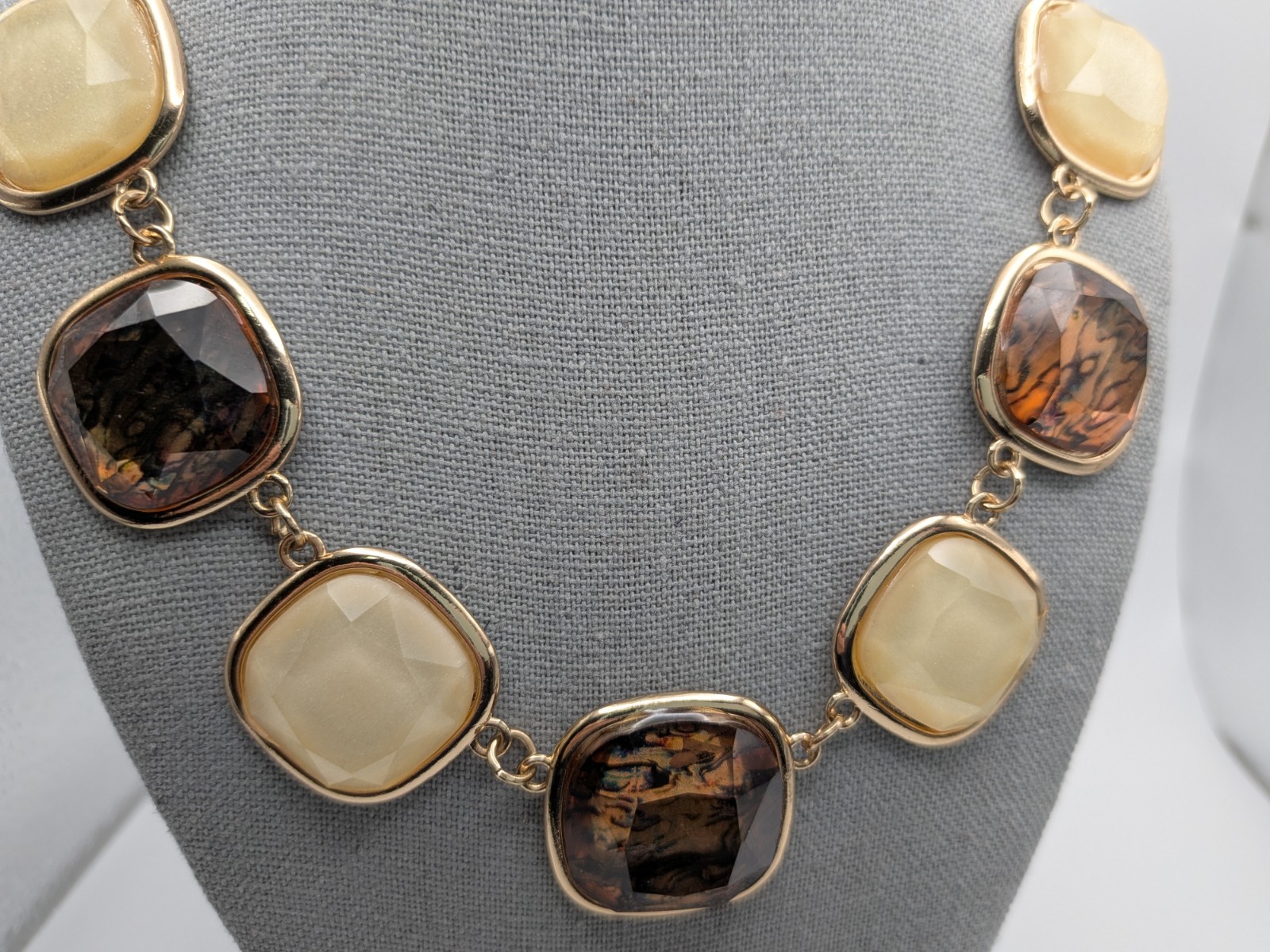 Gold Tone Statement Necklace with Brown & Cream Faceted Square Stones Adjustable