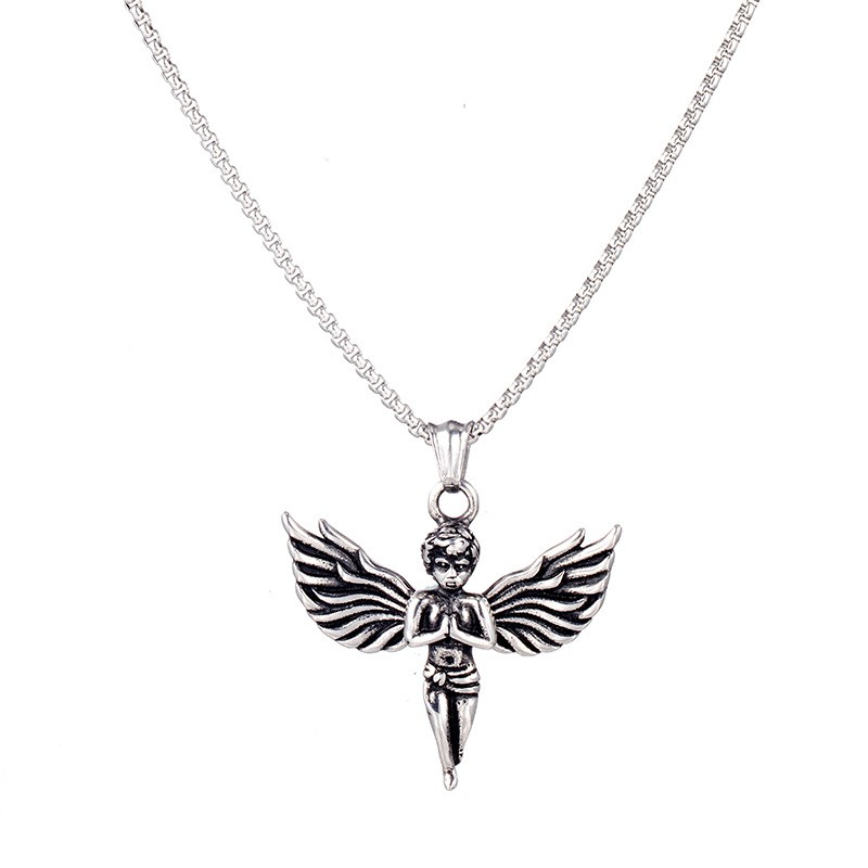Vintage Silver Angel Wing Pendant Necklace Thin Rope 70cm Chain Men Jewelry