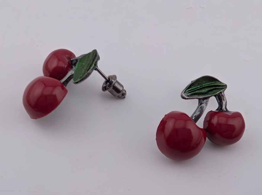 RED CHERRIES NECKLACE & EARRINGS SET retro fruits bib cherry summer berries Y6