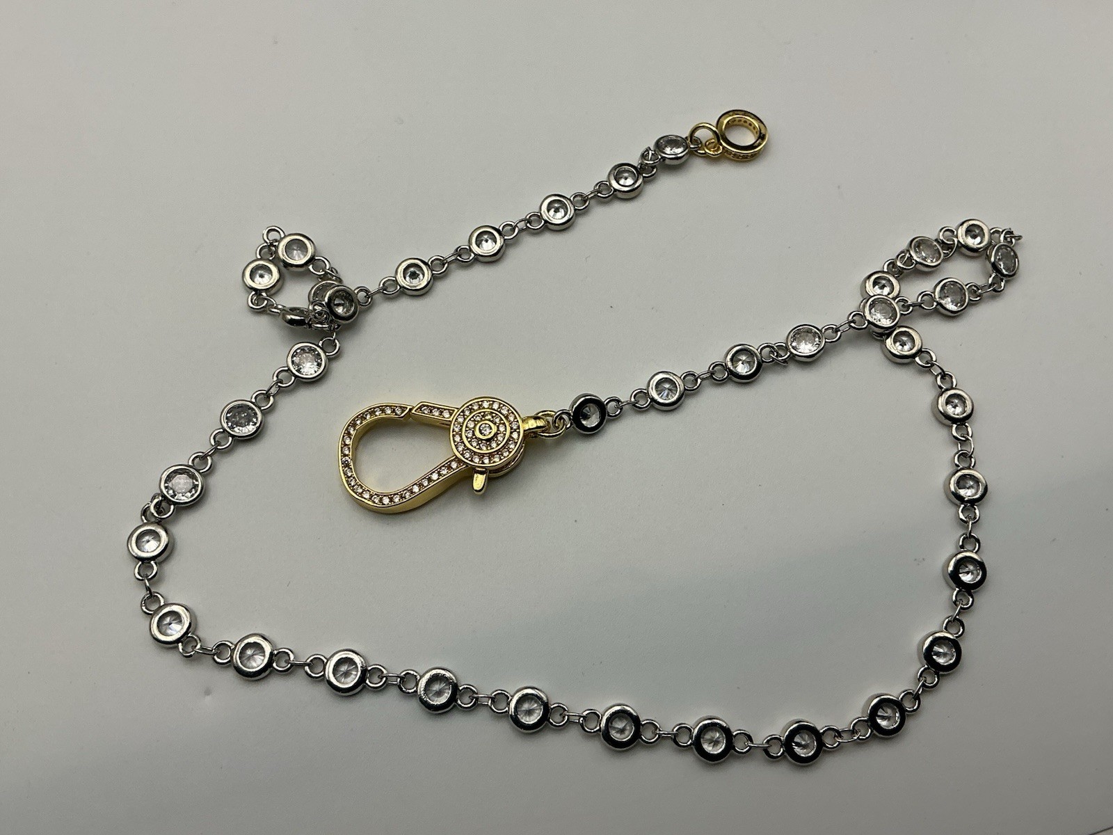 Freida Rothman Crystal Station Necklace Two Tone Pavé Carabiner Clasp 18”