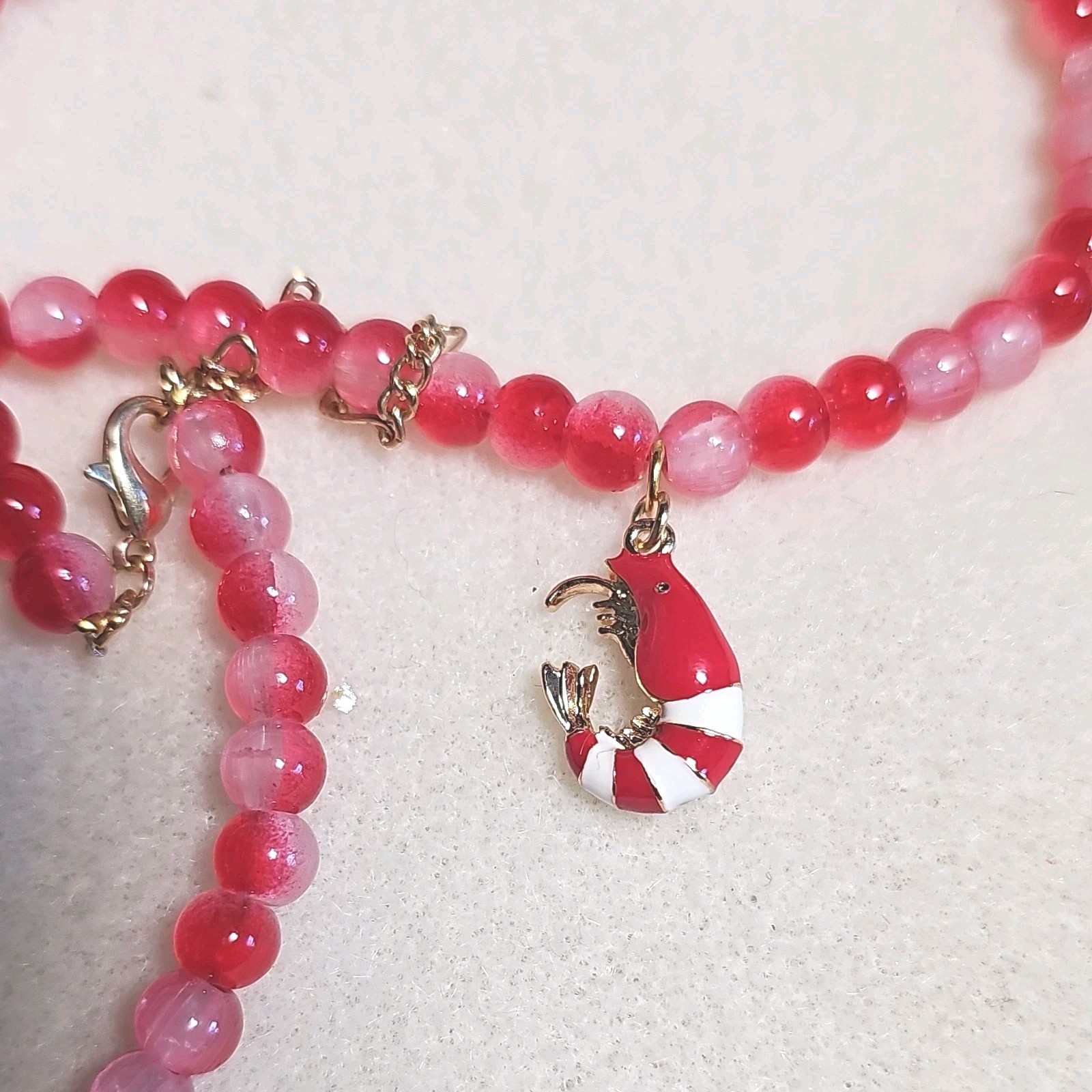 Enamel Shrimp Charm Red Glass Beaded Necklace Sea Theme Pendant Lobster Clasp