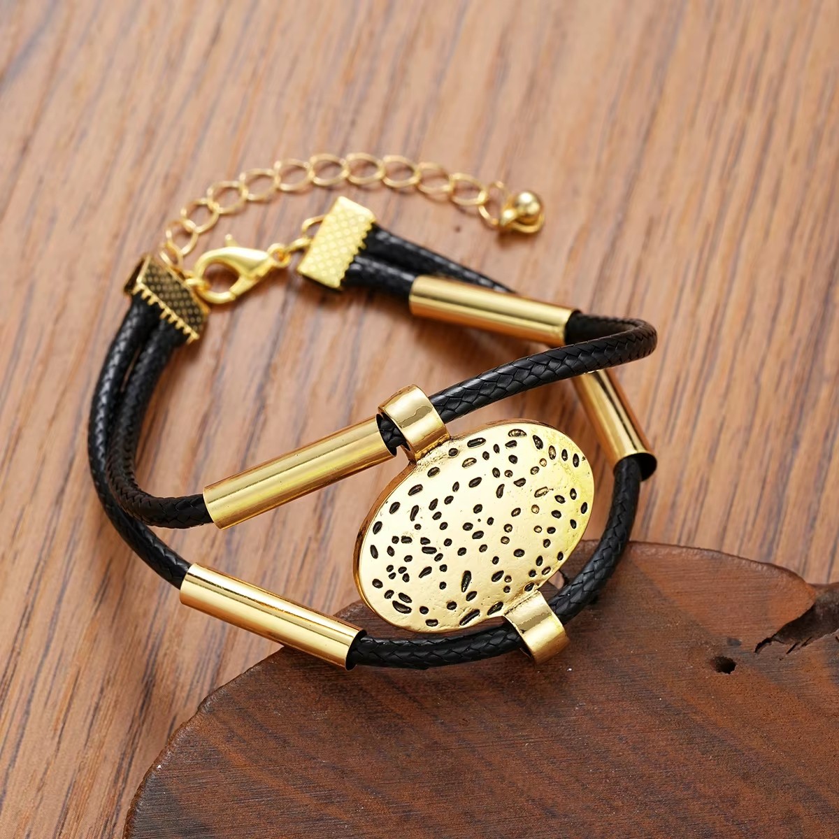 2pc Vintage Oval Necklace Bracelet Set Gold Silver Faux Leather Choker Retro NEW