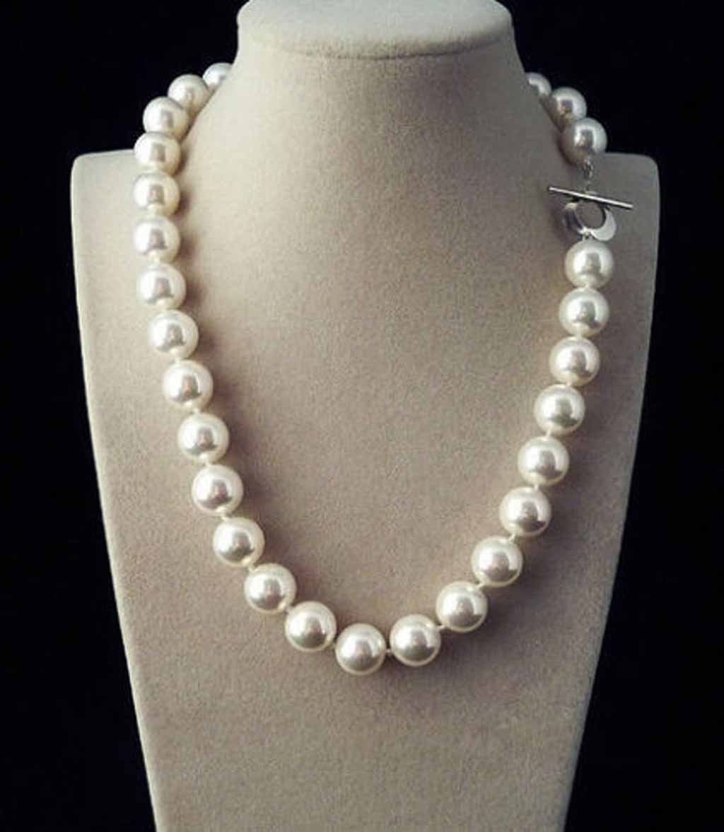 12mm Genuine White South Sea Shell Pearl Round Beads Necklace 18” Heart Clasp