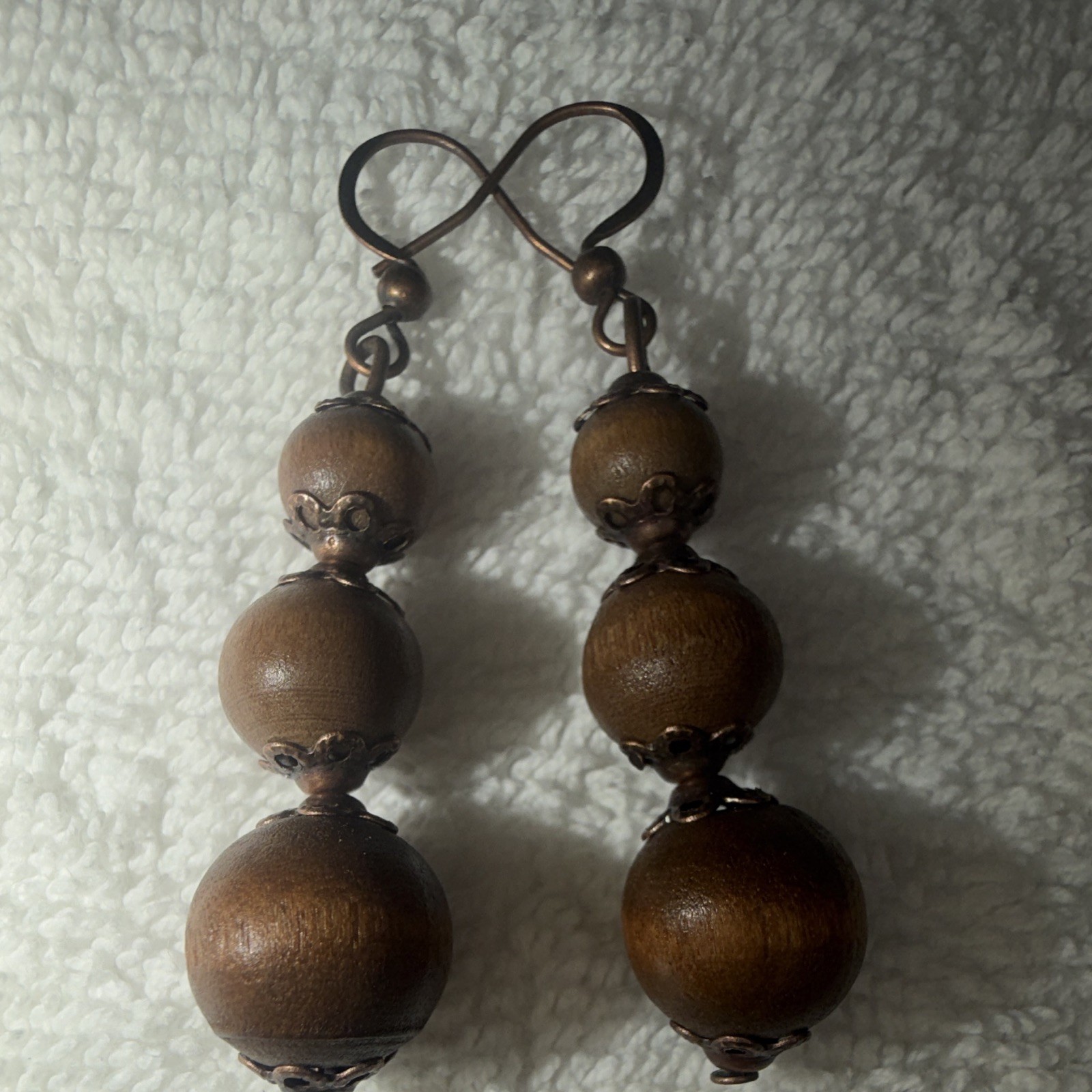 Brown Round Wood Beaded Dangle/Drop Hook Earrings Bohemian Metal No Stone