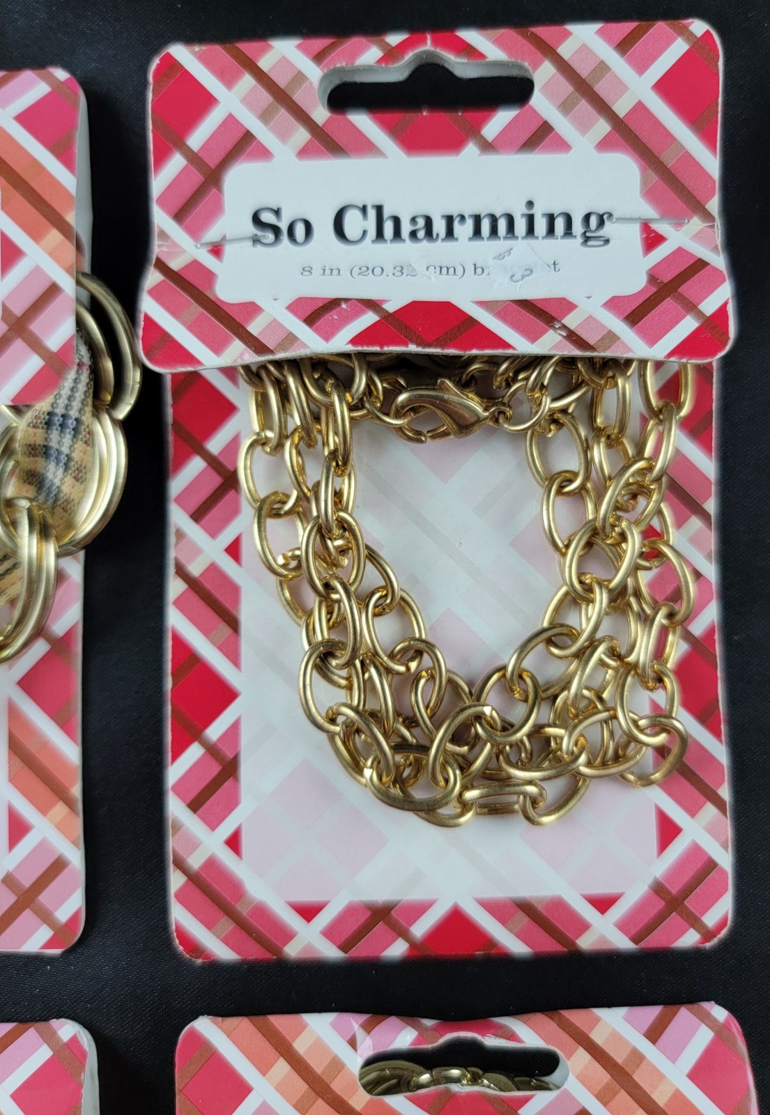 Vintage So Charming Bracelet Lot of 4 NOS Gold Tone Tartan Fabric Chain Loop