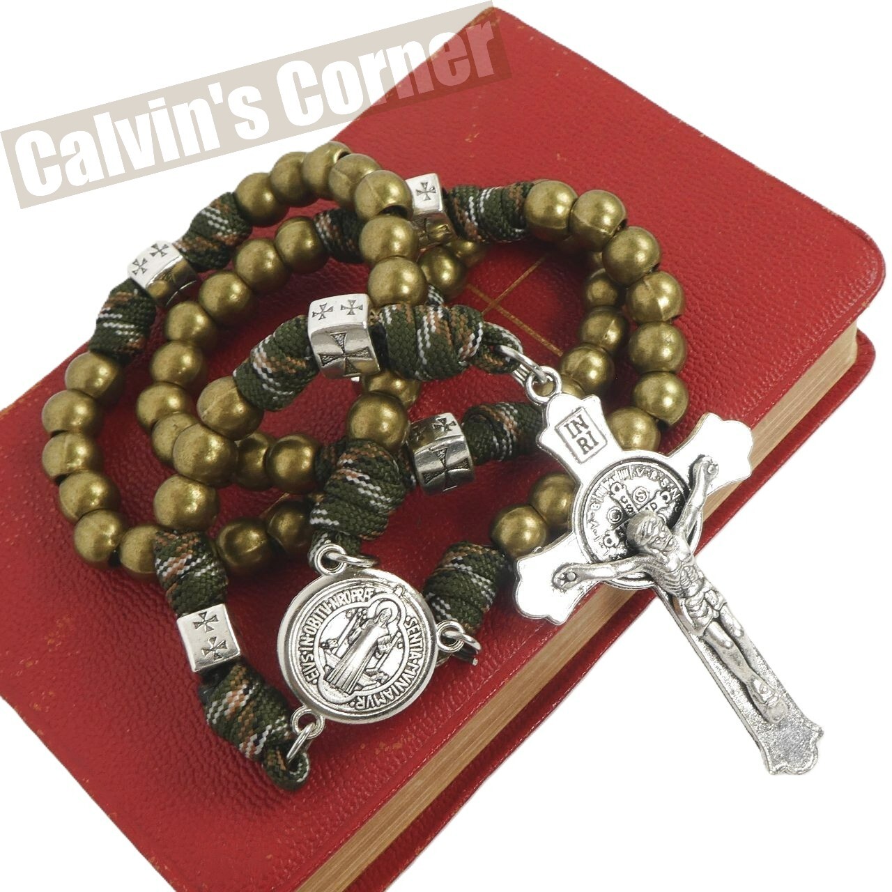 St Benedict Paracord Rosary Necklace Army Green Metal Bead Crucifix Cross 20″