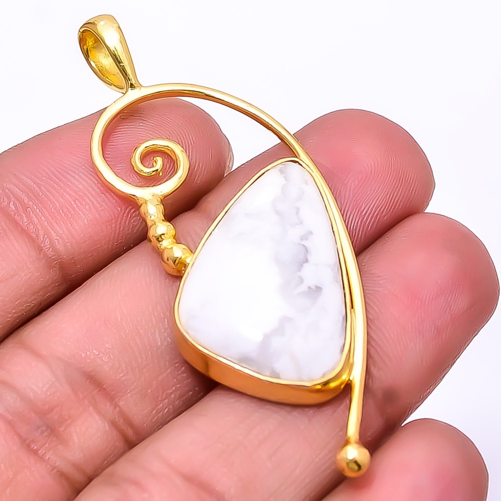 White Howlite – United States Gold Plated 925 Sterling Silver Pendant 2.15″ P3