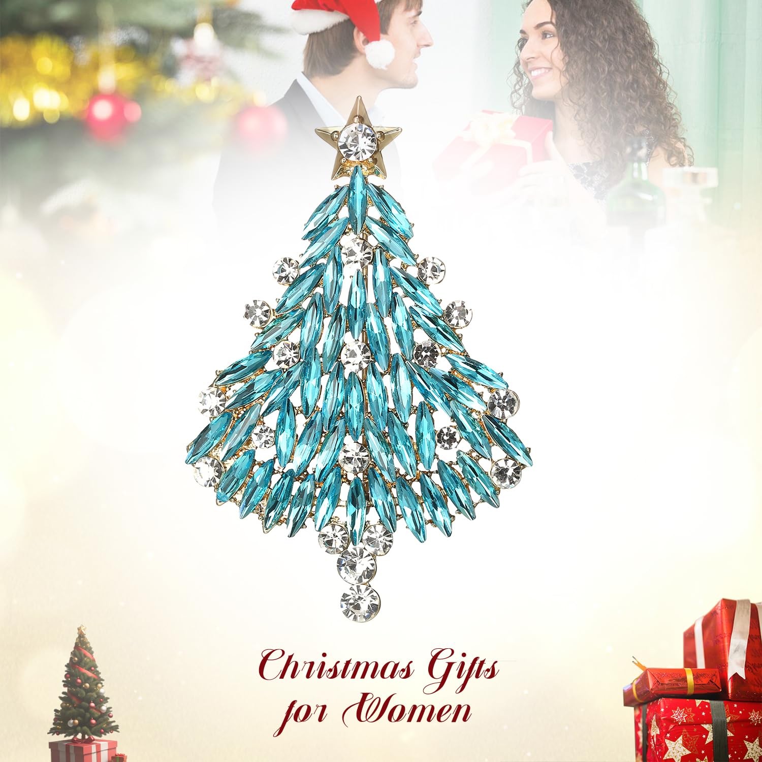 Merry Christmas Tree Rhinestone Marquise Cut Brooch Star Pin Gift for Women