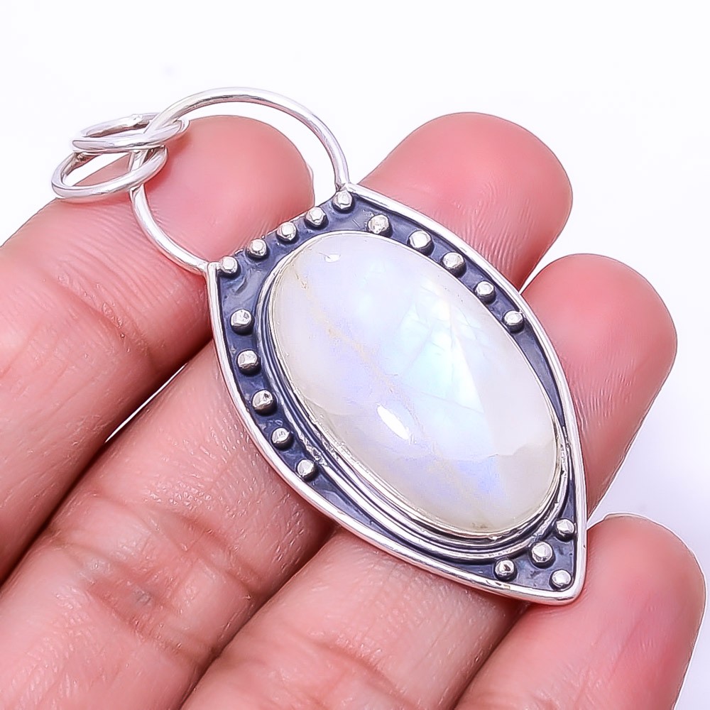 Rainbow Moonstone – India Designer Handmade 925 Sterling Silver Pendant 2.15″P30