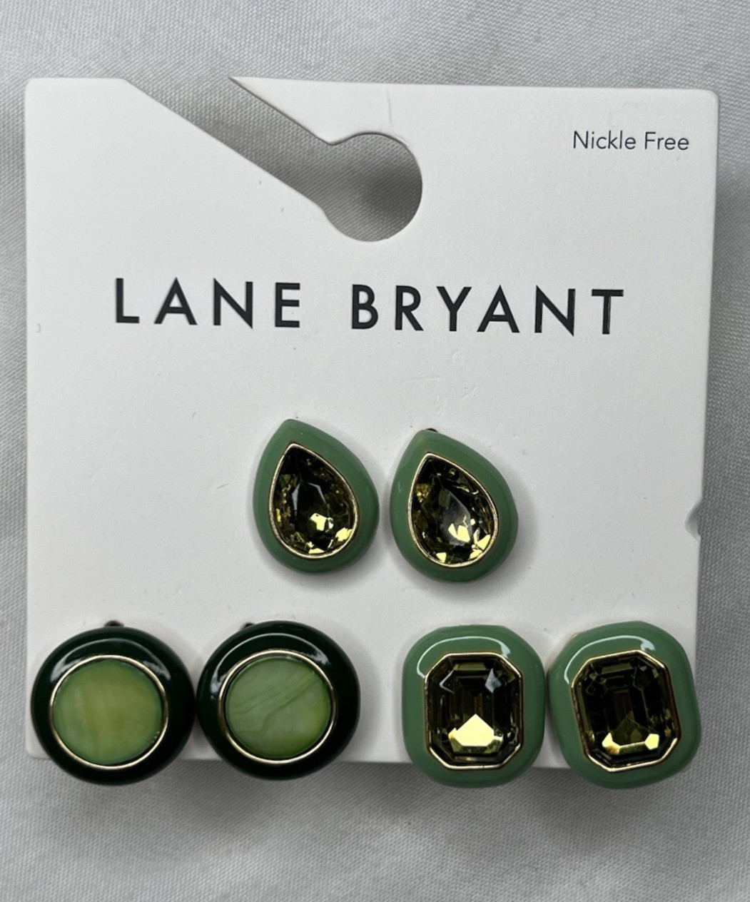 Lane Bryant Set of 3 Green Stud Earring Set Gold Tone Brand New