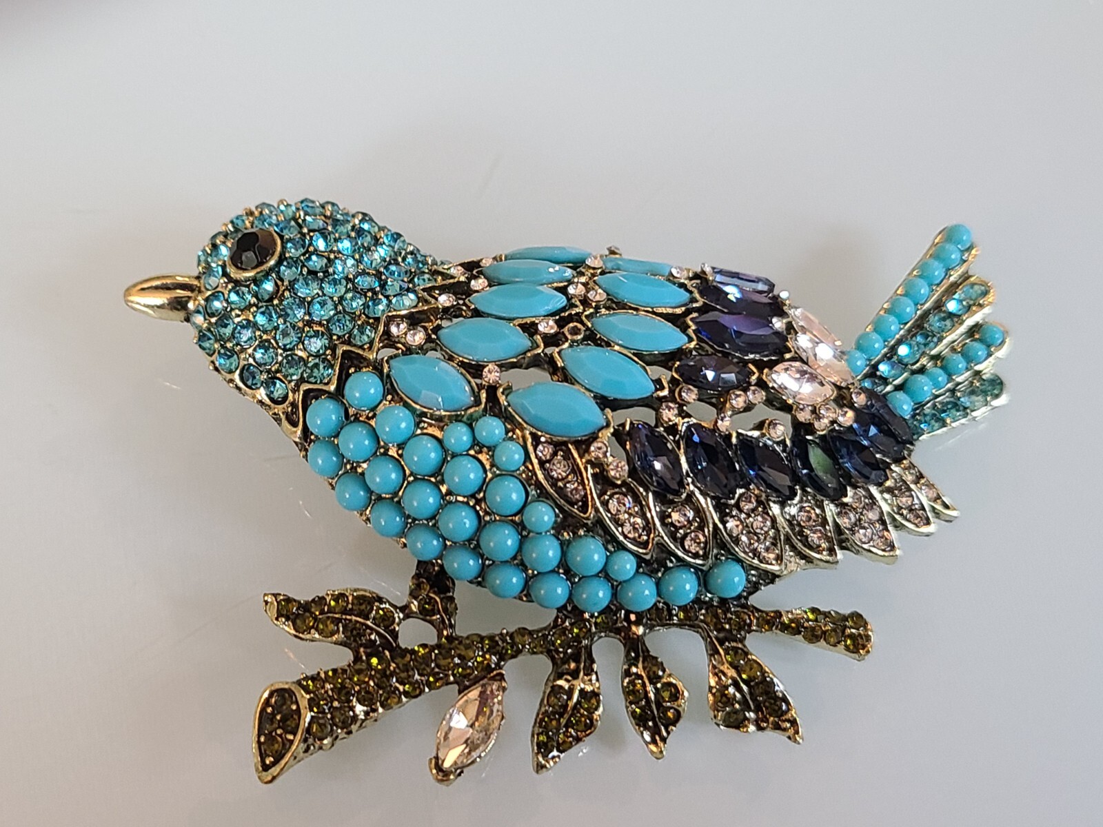 FAB HUGE 3.75″ New UNSIGNED I DESIGNER MARQUISE RHINESTONE BLUE BIRD PIN