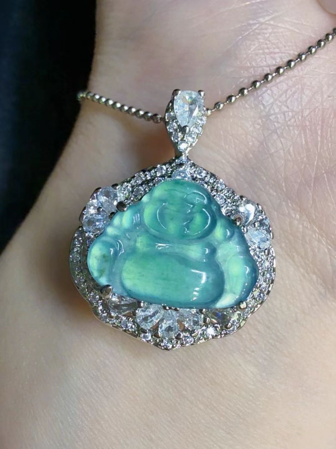 Natural grade A sky blue jadeite Maitreya Buddha pendant