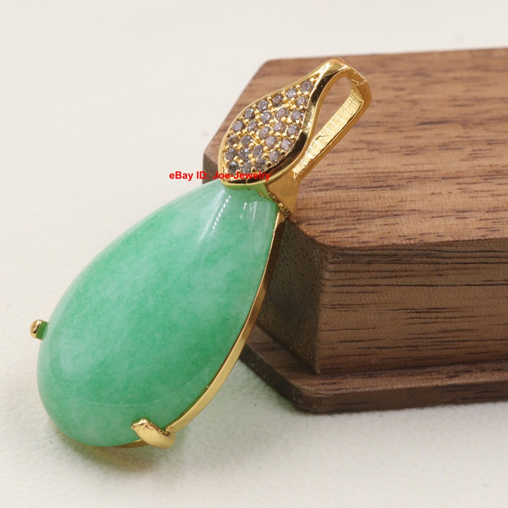 Gold Plated Alloy Heated Green Jade Pear Pendant Best Gift 36mm H