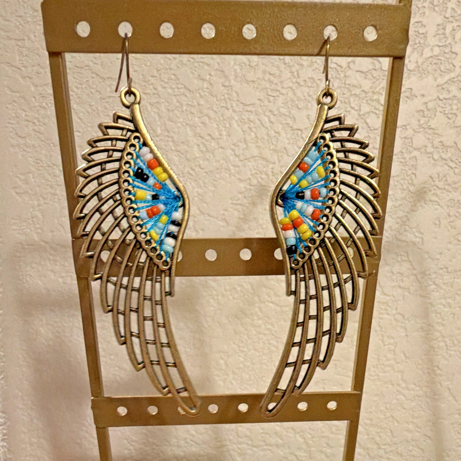 Gold Tone Angel Wing Dangle Drop Hook Earrings w/ Multicolor Beaded Detail