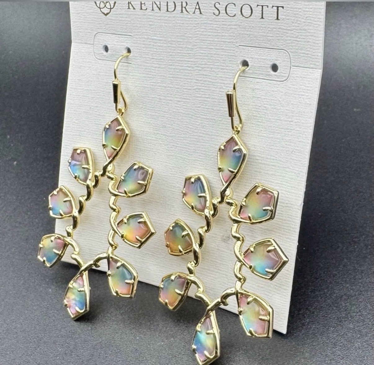 Kendra Scott Gold Statement Earrings in Iridescent Rainbow Glass | Rare/Retired
