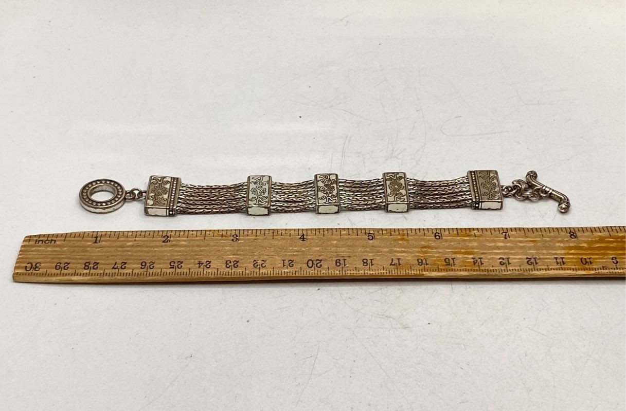 Brighton Silver Tone 5-Strand Wheat Chain Heart Floral Scroll Bracelet 7.5″
