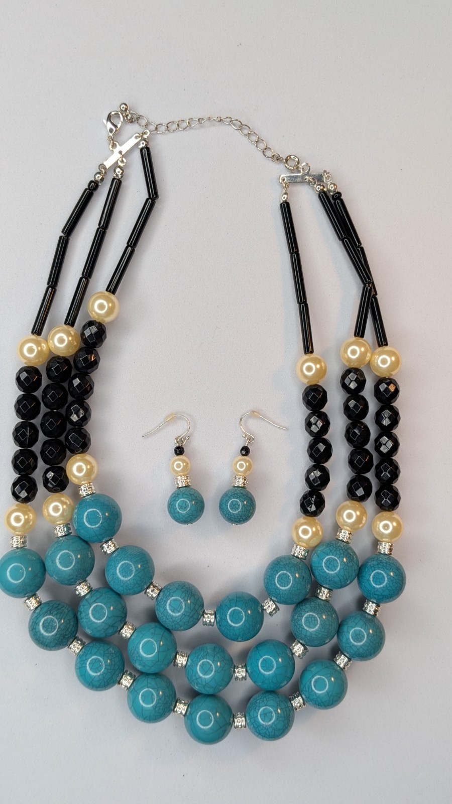 Turquoise Blue & Black Multi-Strand Beaded Necklace & Dangle Earrings Set