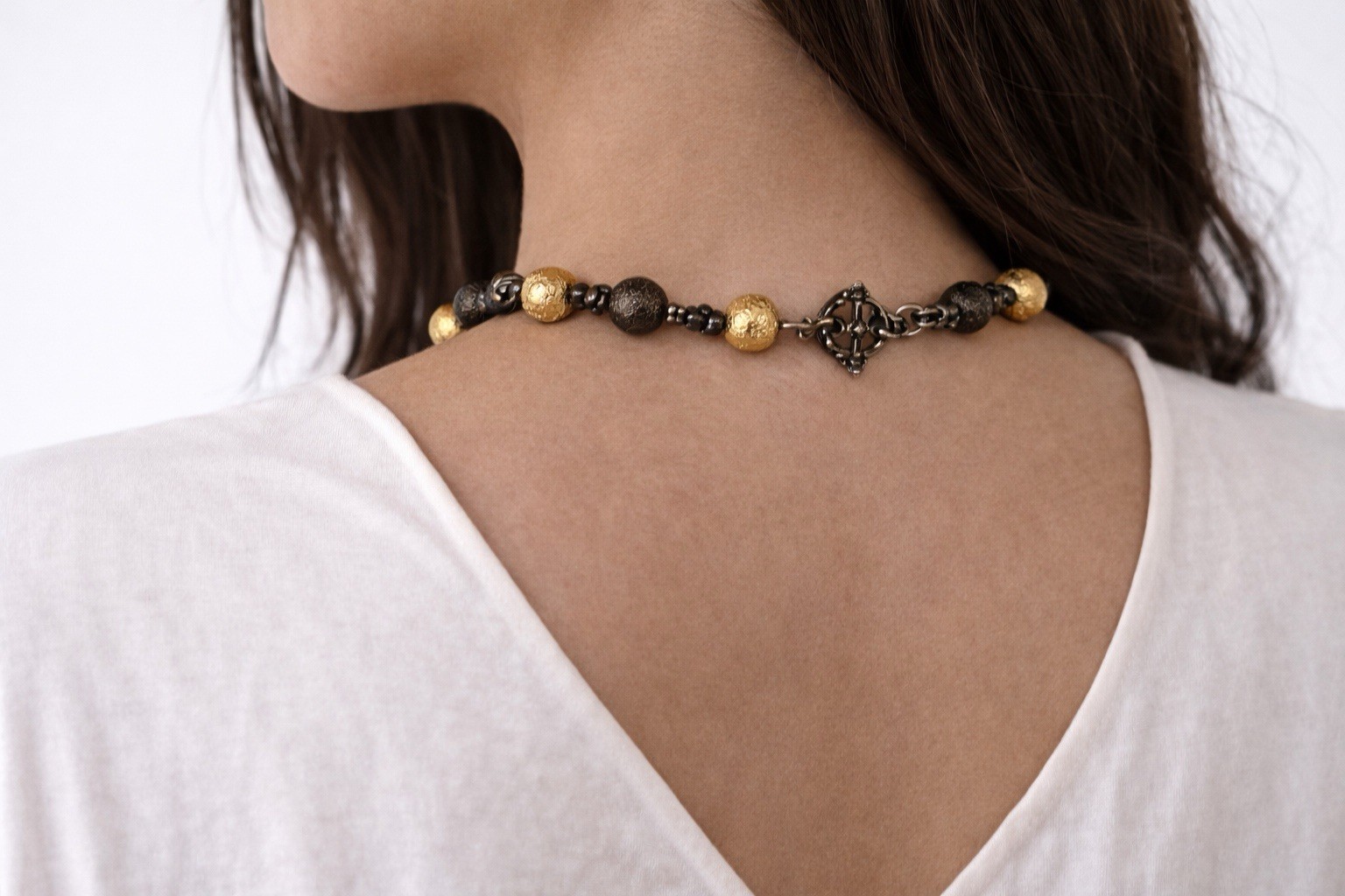 Gold Tone Black Beaded Statement Necklace Textured Ball Toggle Clasp Jewelry